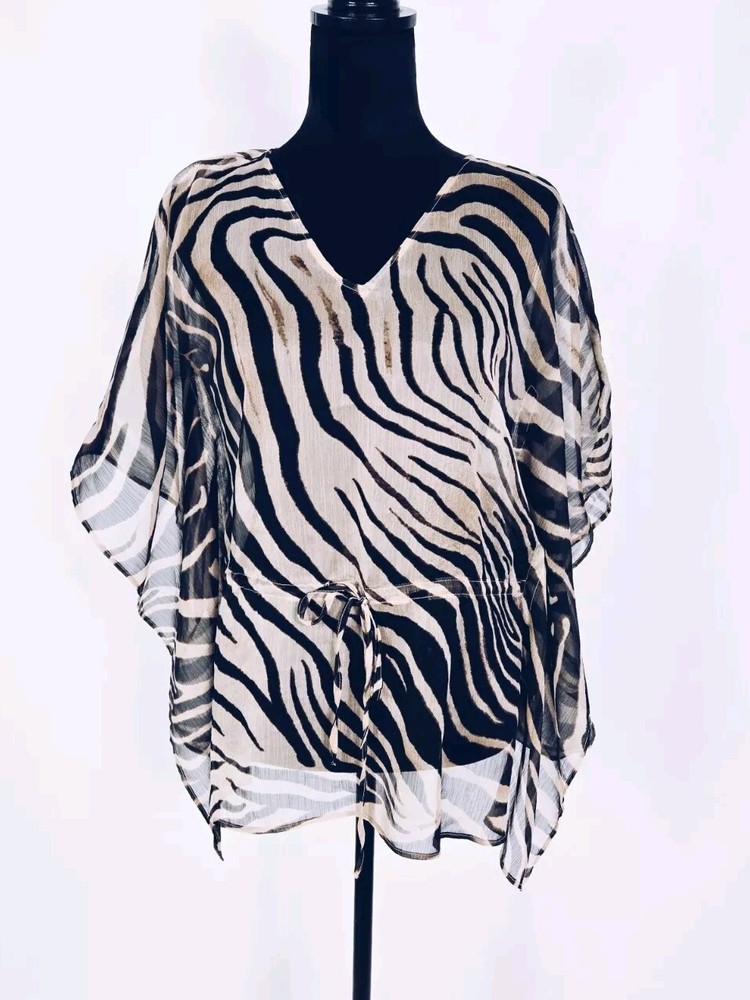 LAUREN Ralph Lauren Sheer Zebra  Print  Drawstring Tunic Top PS Blouse Travel