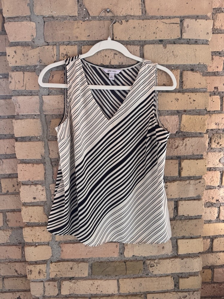 Nine West Black/White Striped Sleeveless V-Neck Blouse, Women's S