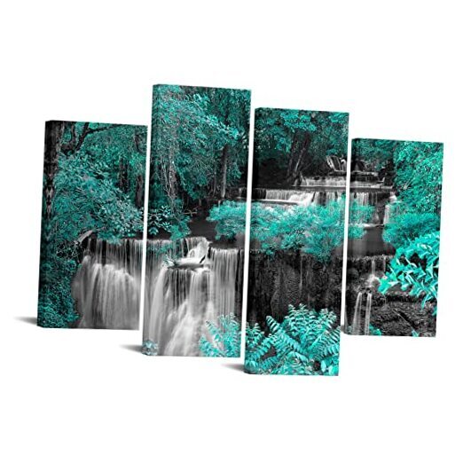 4 Piece Waterfall Canvas Wall Art Teal Green Trees Forest Landscape Painting