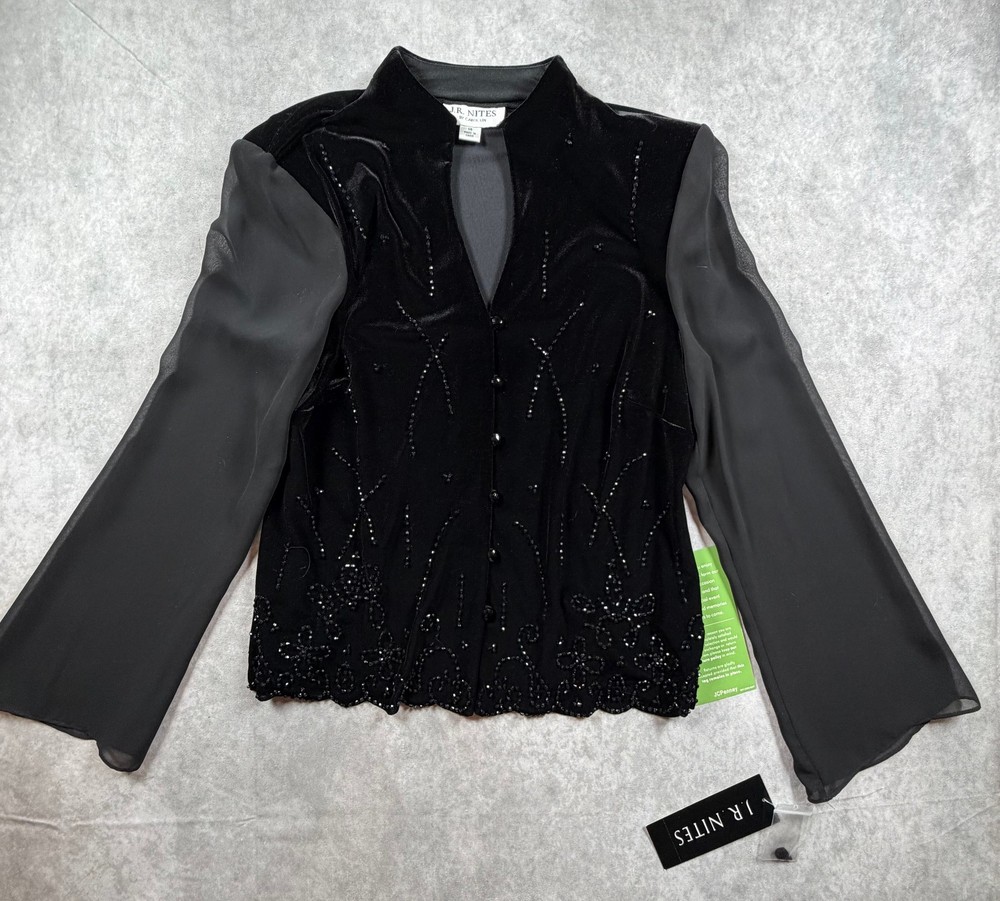 J.R. Nites Women Black Beaded Velvet Blouse Sheer Long Sleeve 14 NWT