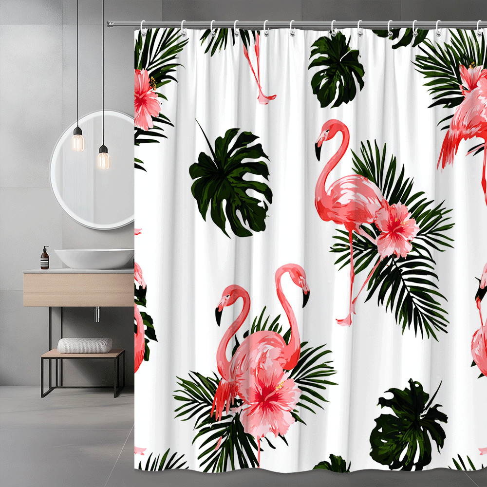 Flamingo Tropical Palm Leaf Shower Curtain Pink Green Print