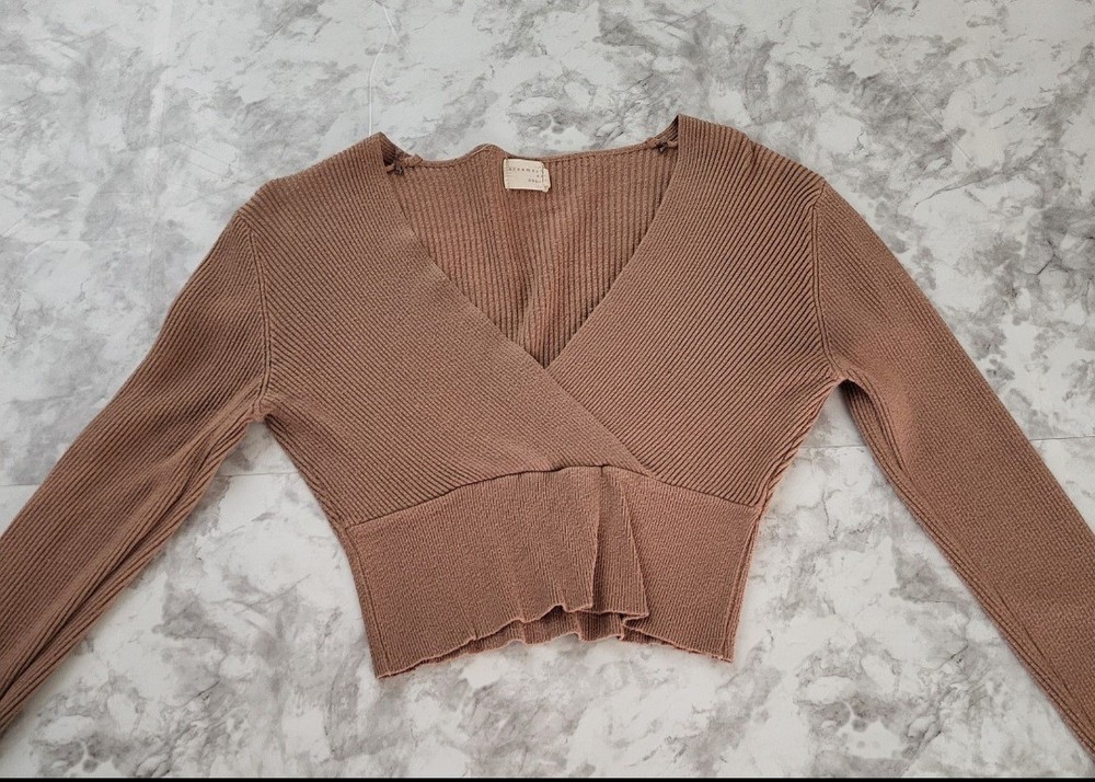 Women's Brown Rib-Knit V-Neck Wrap Front Cropped Pullover Sweater Stretch S