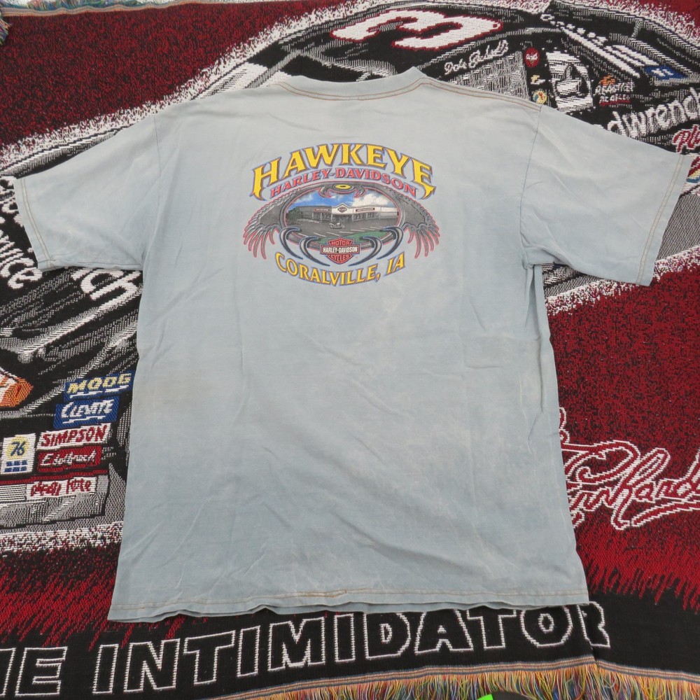Vintage 2001 Harley Davidson T-Shirt XL Light Blue Hawkeye Coralville Iowa