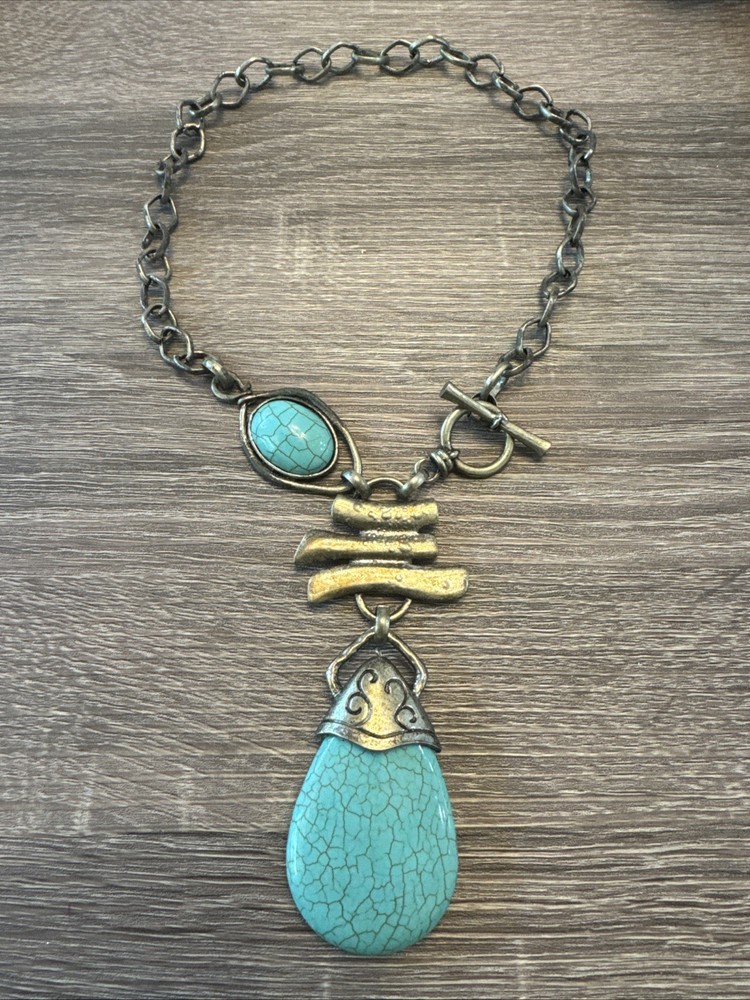 Vintage Faux Turquoise Statement Necklace Boho Western Tribal Silver Tone 18