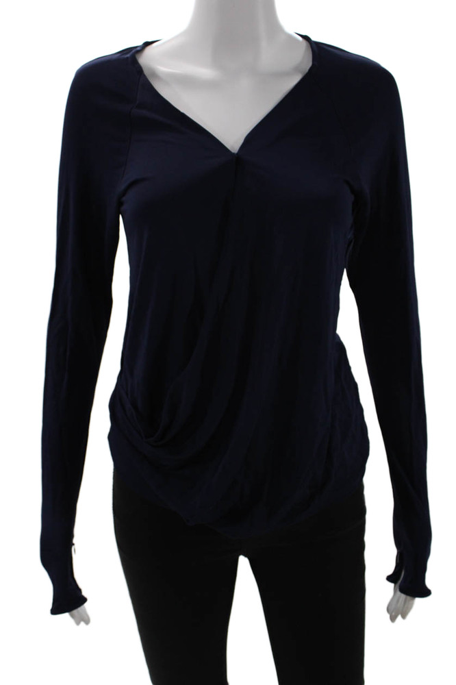 Ramy Brook Women Dark Blue V-Neck Long Sleeve Rayon Blouse Size XSFree Shipping in US $100+ Orders | $6.95 Orders Below