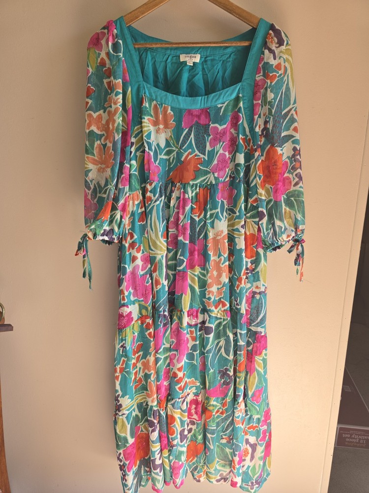 Women's Umgee Teal Floral Multicolor Sheer Peasant Lined Fairy Dress Size L