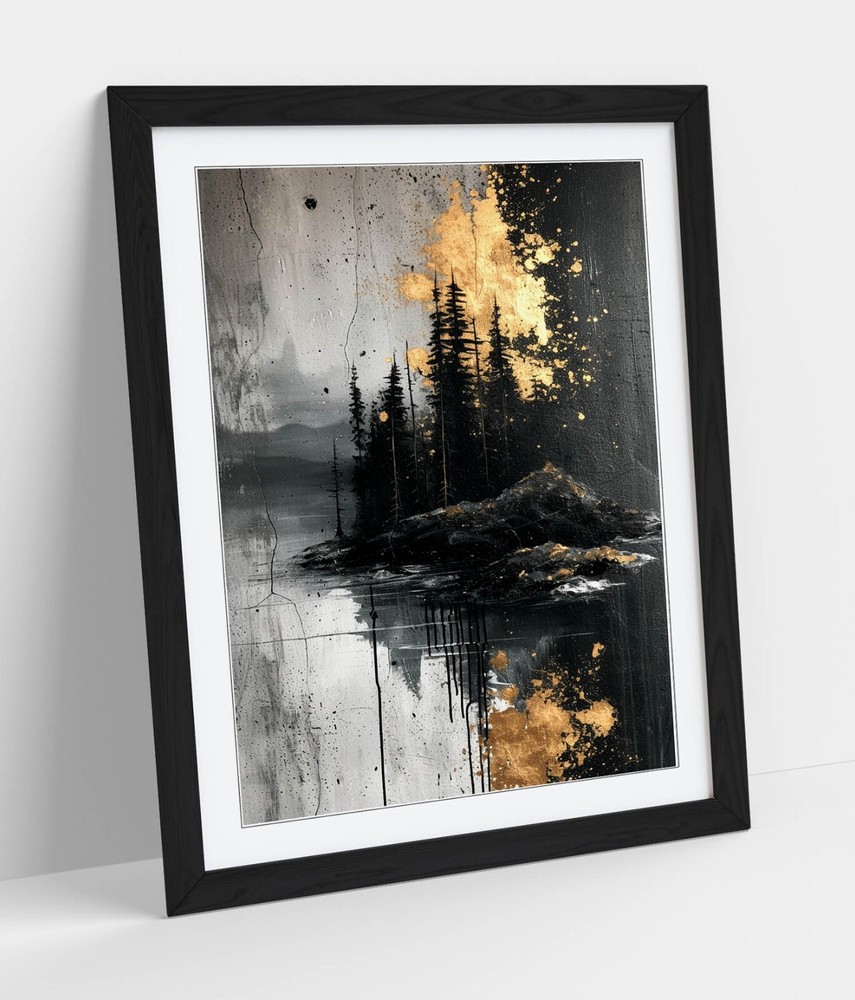 ABSTRACT BLACK AND GOLD FOREST HOME DECOR FRAMED WALL ART POSTER PRINT 4 SIZES-image
