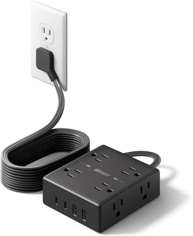 10Ft Extension Cord with Multiple Outlets, Flat Plug Power Strip 10FT, Black