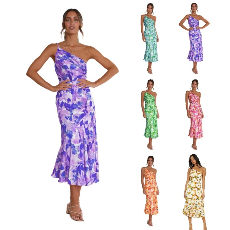 Sexy Shoulder Floral Print Backless Pleated Dress for Women