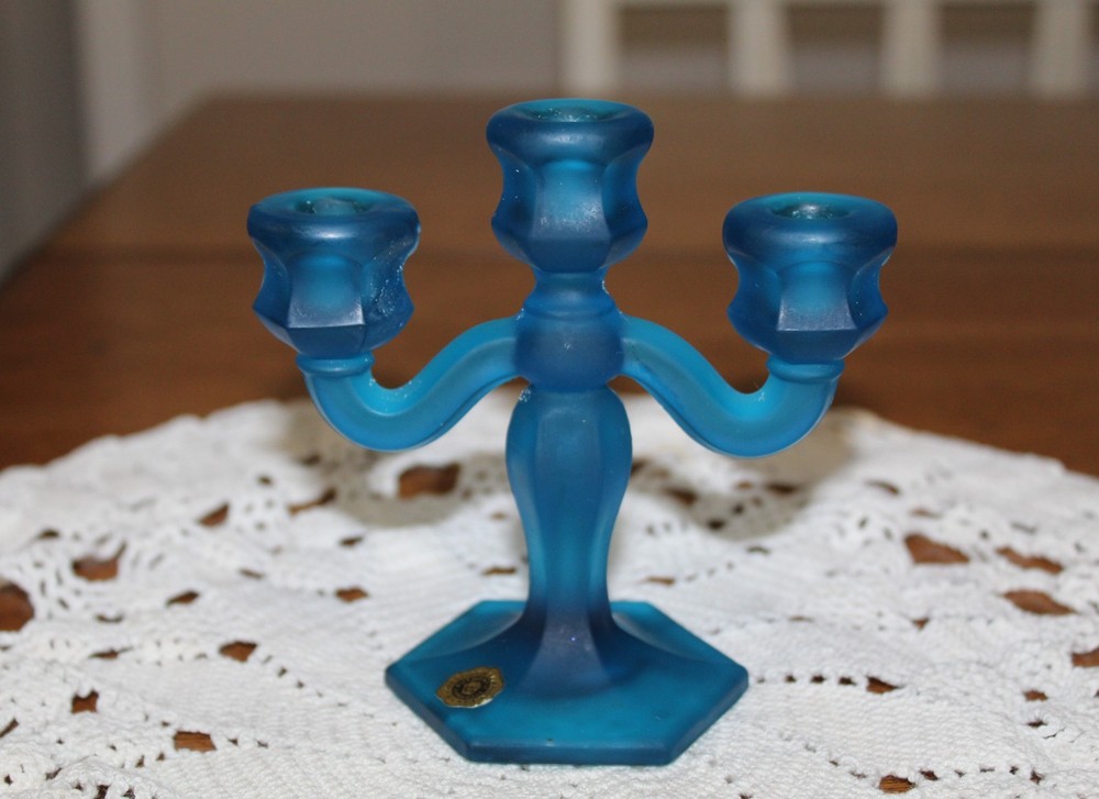 Westmoreland Glass Frosted Blue 3 Light Candelabra MINI Candle Holder Vintage