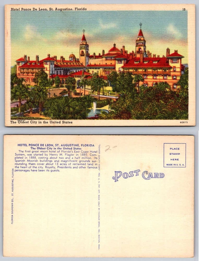 Vintage Hotel Ponce De Leon St Augustine Florida Linen Postcard Tichnor