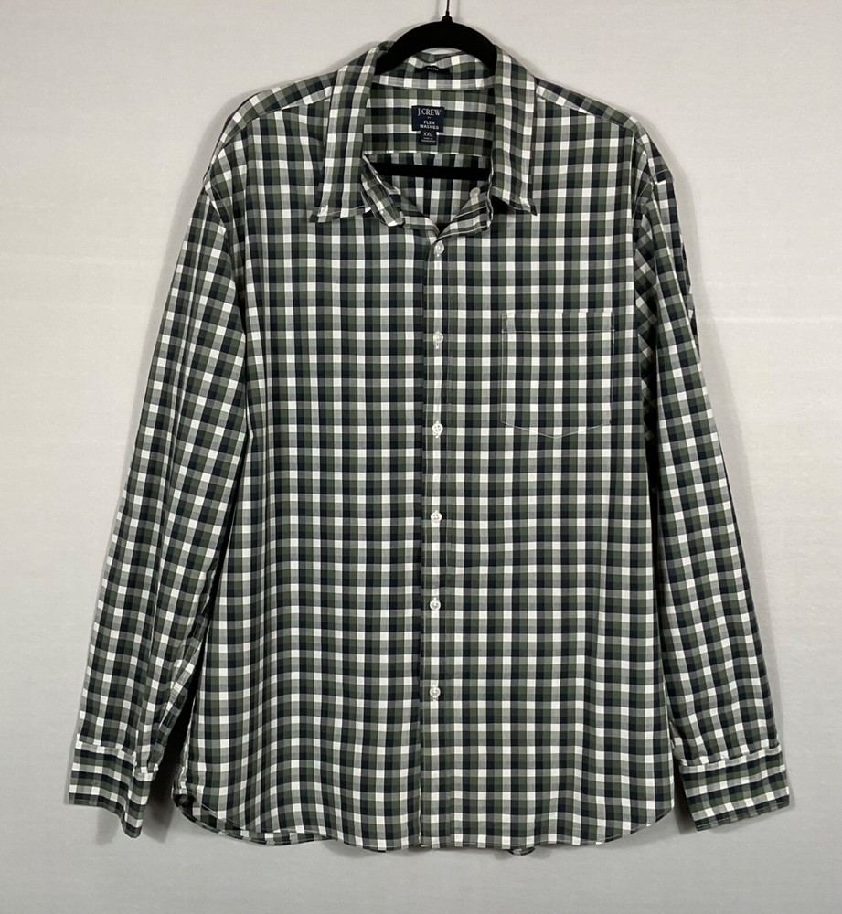 J. Crew Shirt Mens Size 2XL Green Black Plaid Flex Washed Button Up Long Sleeves