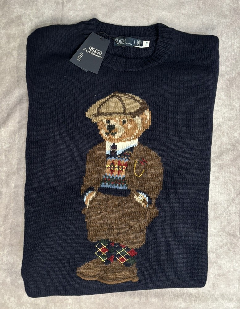 Polo Ralph Lauren Wool Polo Bear Sweater Mens Size Large Navy Blue