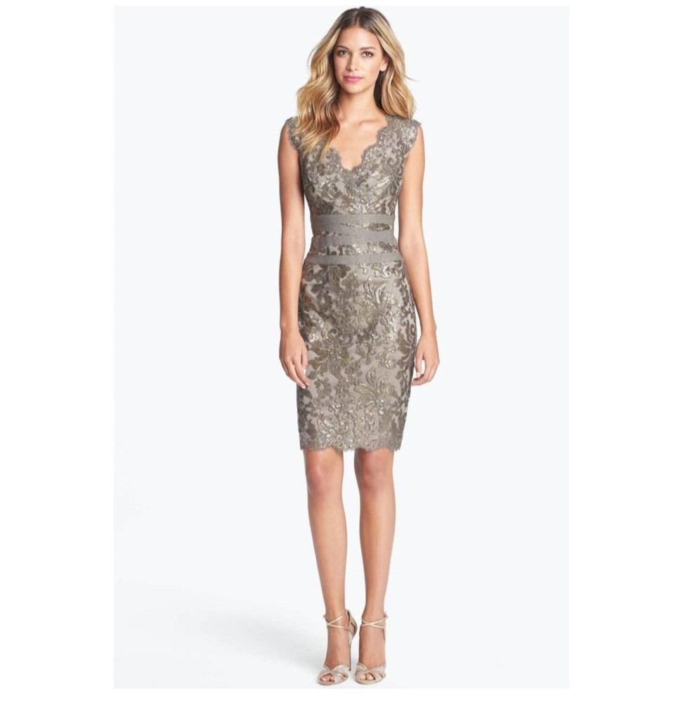 New Tadashi Shoji Taupe Sequin Lace Floral Sheath Dress Size 12 P  Petite Large