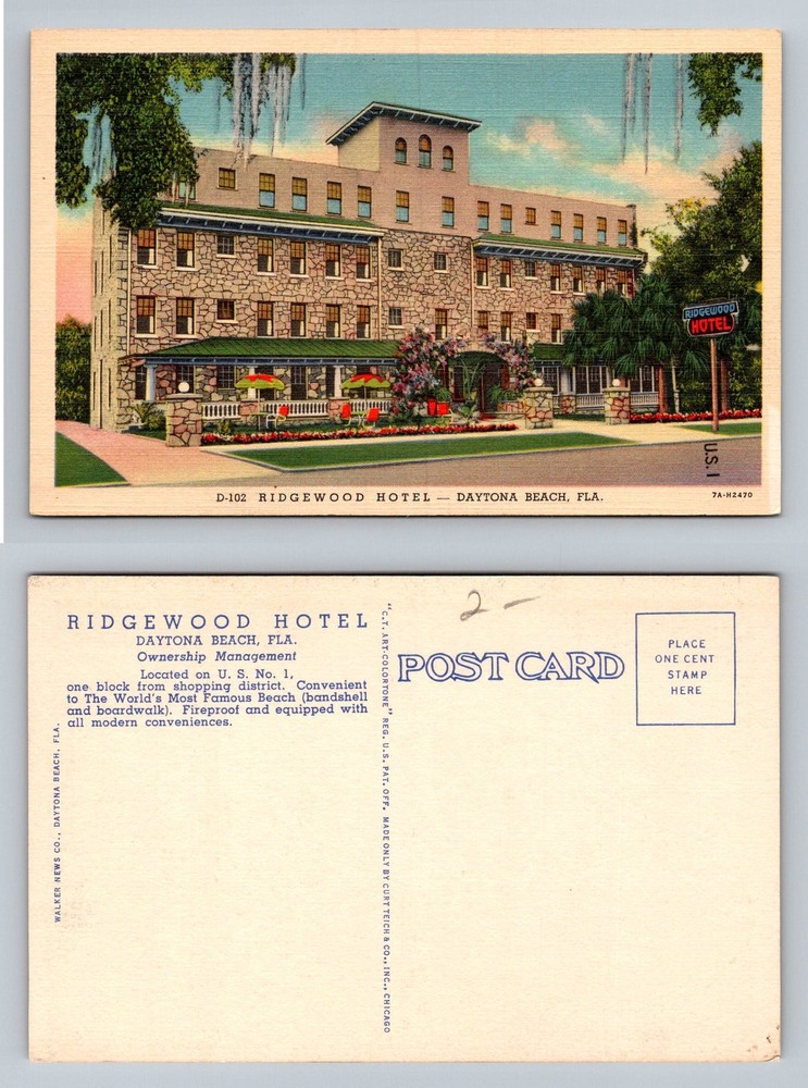 Daytona Beach, FL-Florida, Ridgewood Hotel US 1 Stone Facade Vintage Postcard