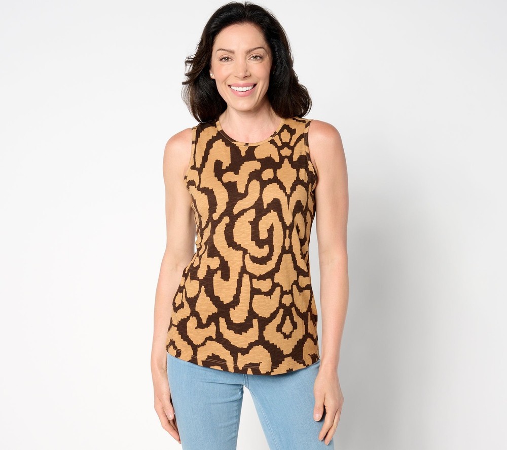 Denim & Co. Women's Top Sz L Printed Slub Jersey Round Neck Multi-colored