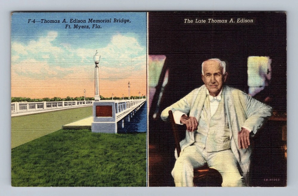 Fort Myers FL-Florida Thomas A Edison Memorial Bridge Vintage c1947 Postcard