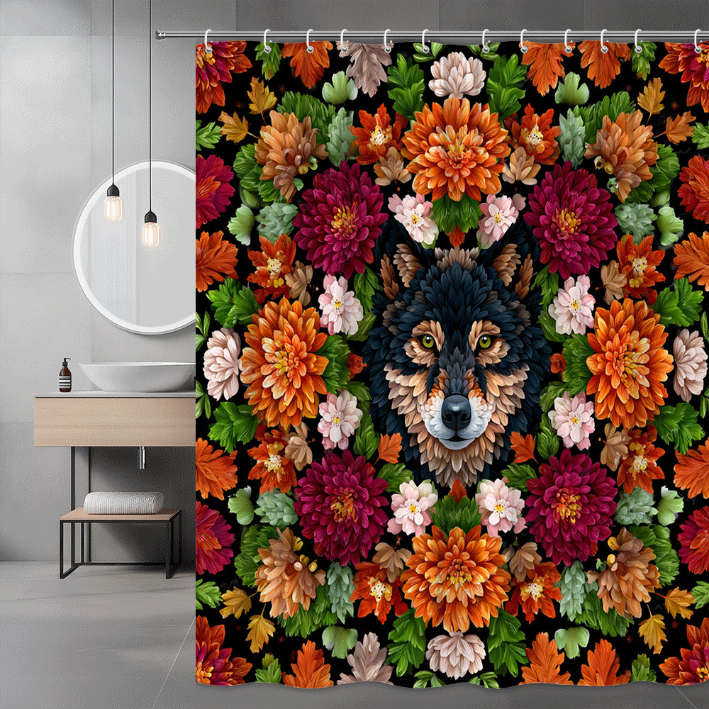 Wolf Floral Shower Curtain Black Orange Boho Print