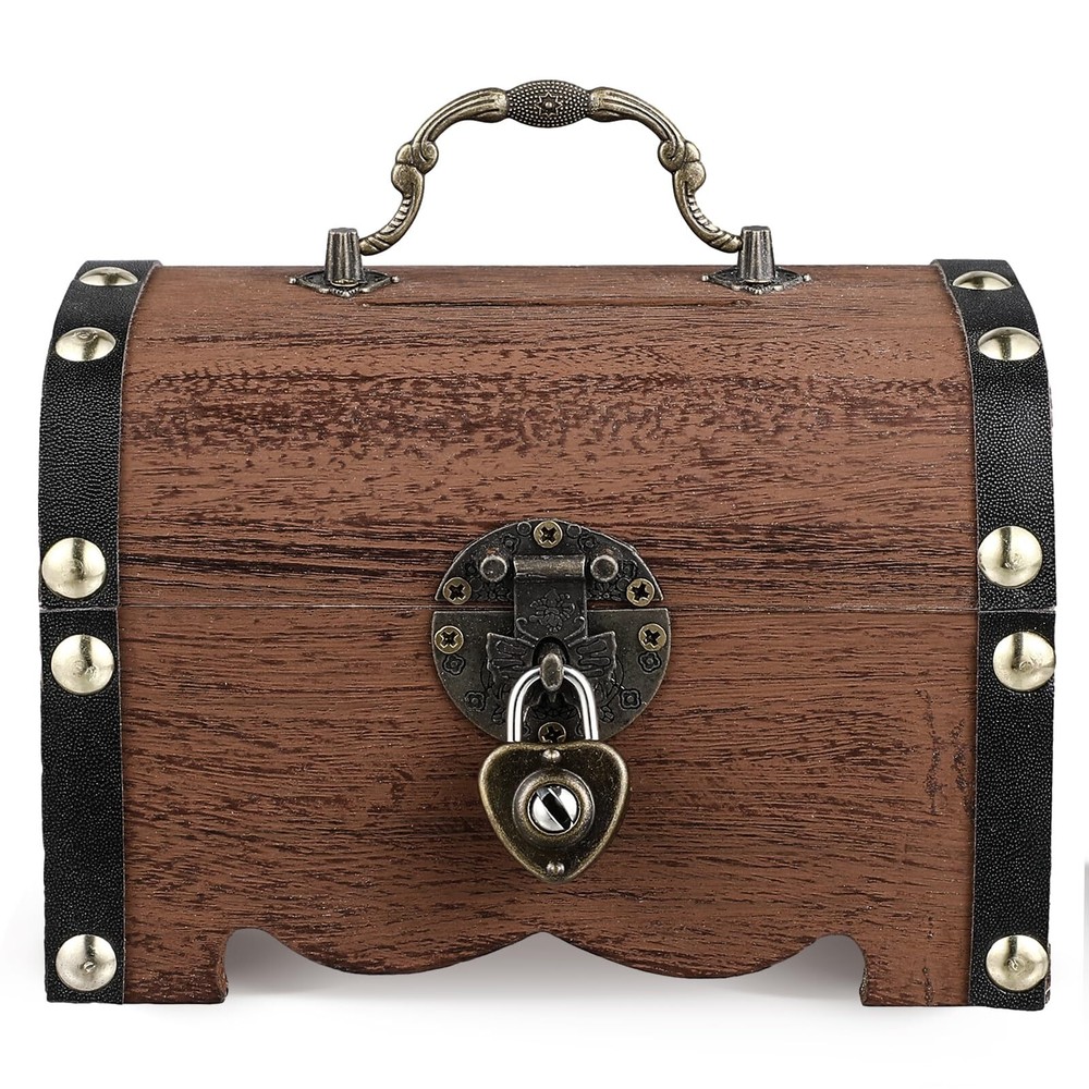 Treasure Chest with Lock & Key, Wooden Piggy Bank Retro Coin Box Money Storag...