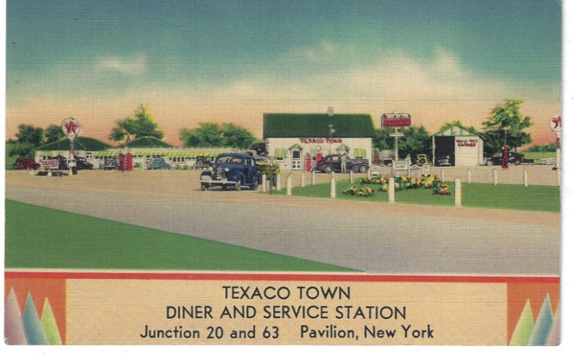 Pavilion NY Texaco Gas Station & Garage Diner 1940s Linen Postcard Warsaw Le Roy