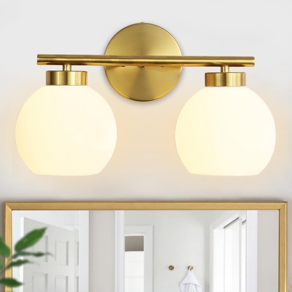 2 Light Bathroom Vanity Light, Gold Bathroom Light Fixtures Over Mirror, Mid ...