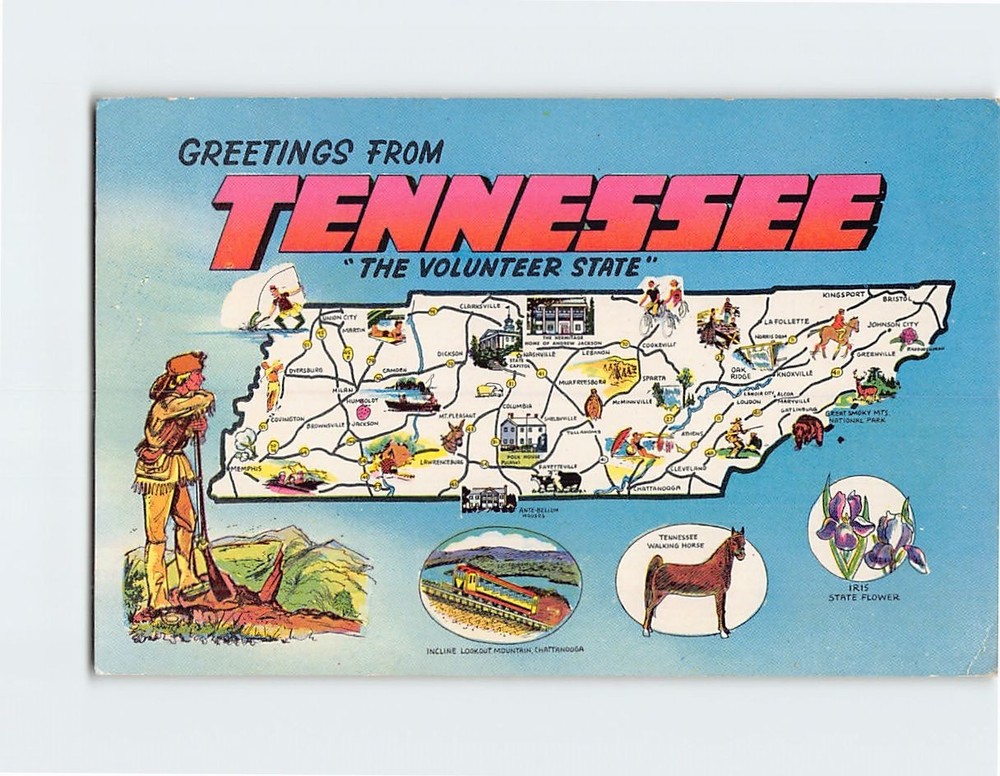 Postcard Map & Attractions Greetings from Tennessee USA