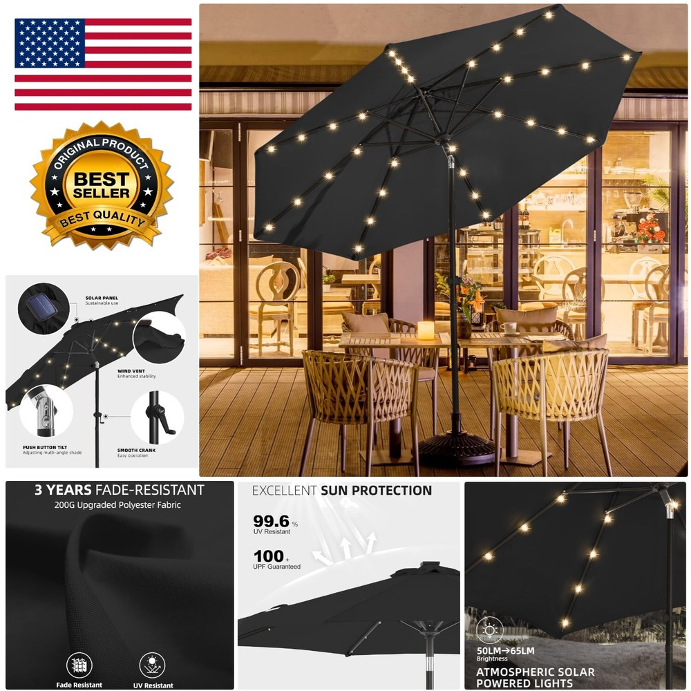 Lightweight 9ft Outdoor Umbrella with Sturdy Aluminum Frame & Solar Lights