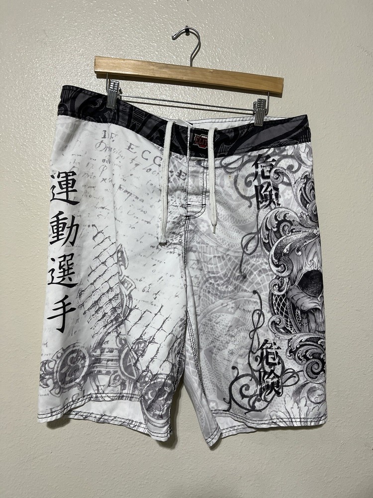 MMA ELITE Mixed Martial Arts Mens Large Board Swim Shorts Y2K White Skull