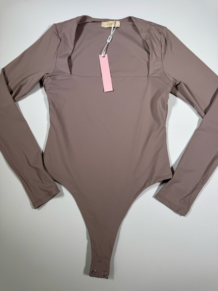 QINSEN Women's Sexy Square Neck Bodysuit Long Sleeve Double Lined Bodysuit SZ L