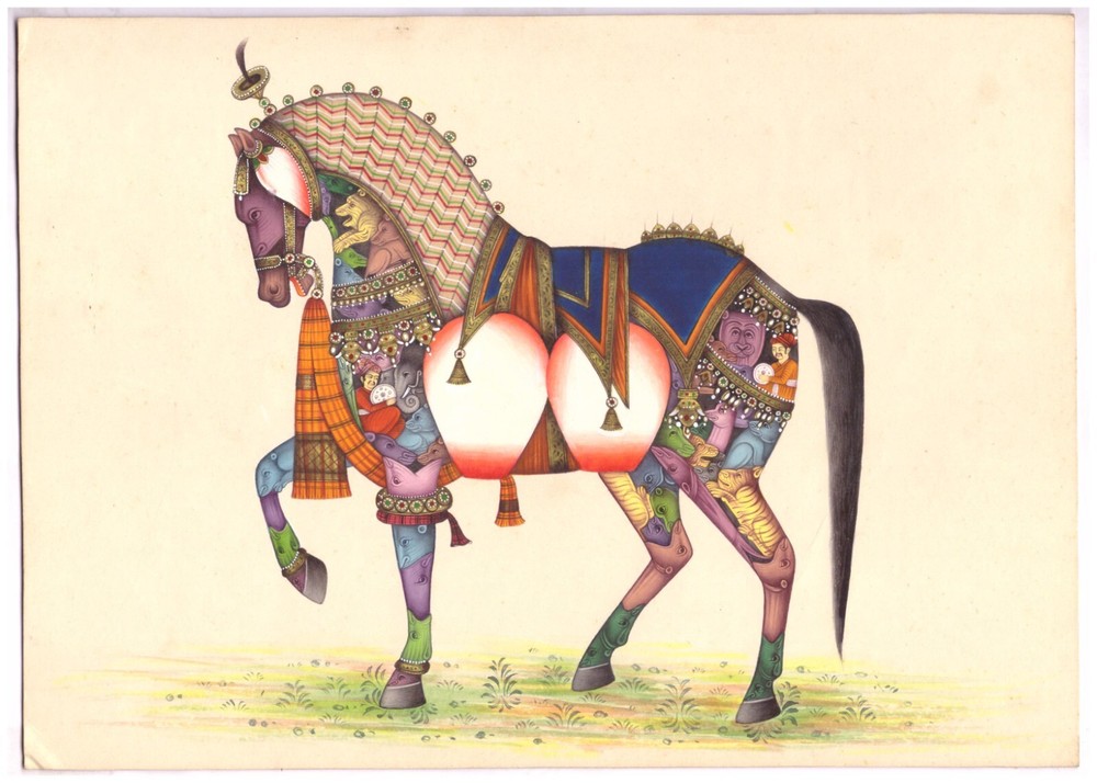 Indian Style Art Painting Of Composite Horse On Paper For Wall 10.5x7.5 Inches