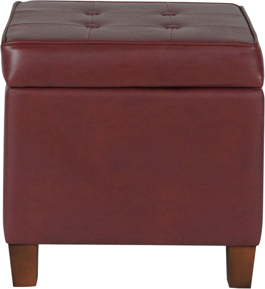 HomePop Leatherette Tufted Square Storage Ottoman with Hinged Small, Dark Red
