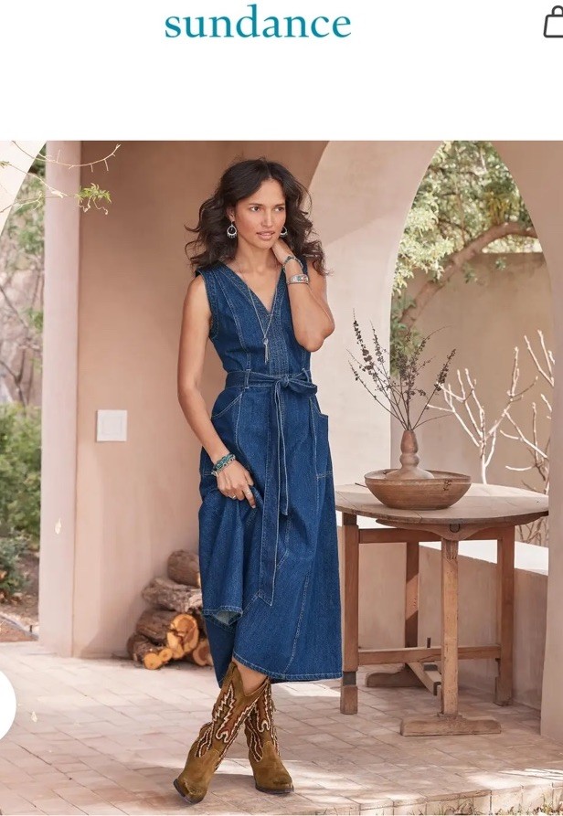 NEW! SUNDANCE CATALOG Women Poppy Denim Dress Dark Blue Wash Belted Sundress 4