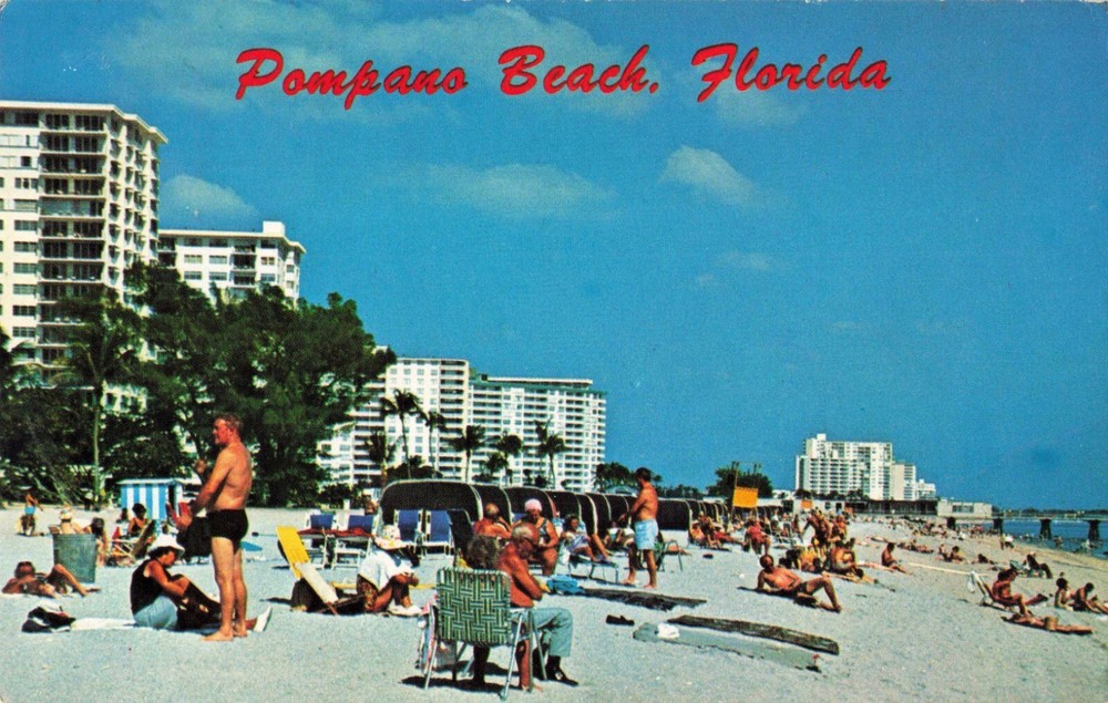 Pompano Beach Florida, Sunbathers, Vintage Postcard