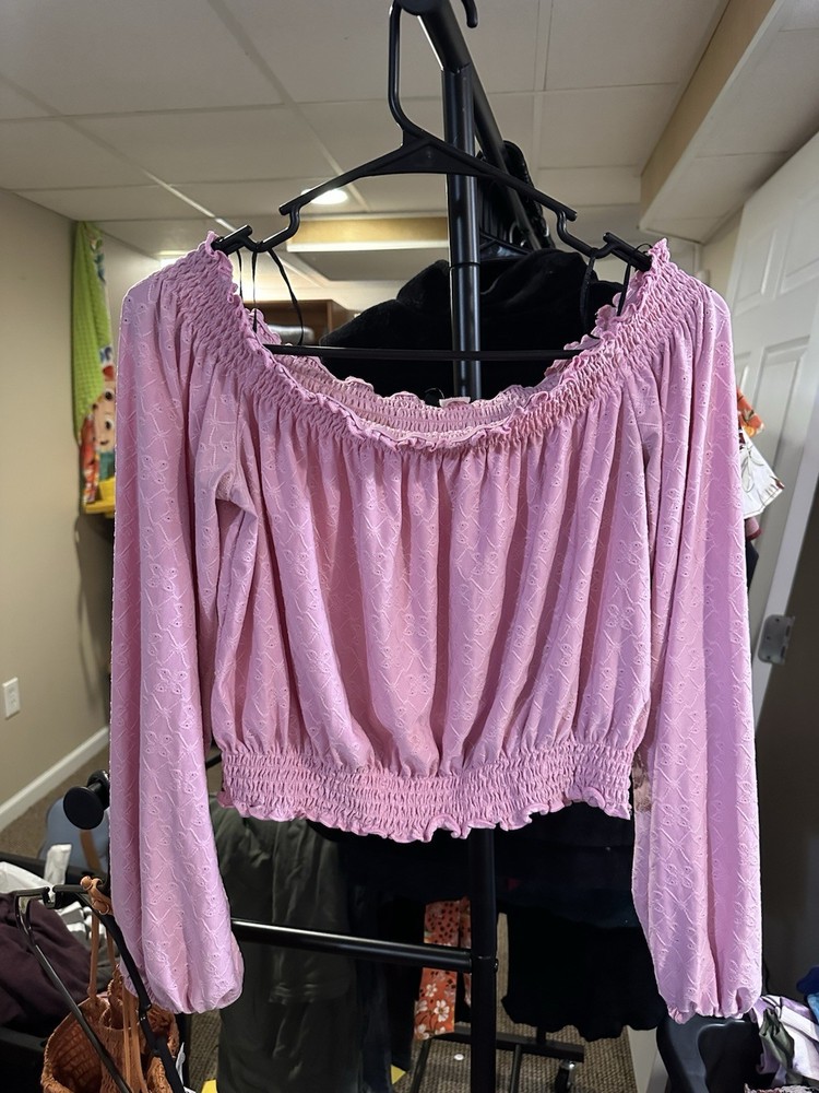 Divided by H&M Pink Off-Shoulder Smocked Ruffle Balloon Sleeve Cropped Blouse L