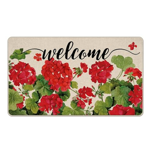 Welcome Spring Geranium Decorative Front Door Mat, Red Floral Flowers Doormat