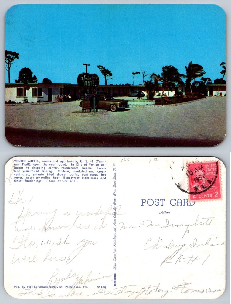 1952 Venice Motel Florida Postcard - Vintage Dextone Chrome US 41 Tamiami Trail