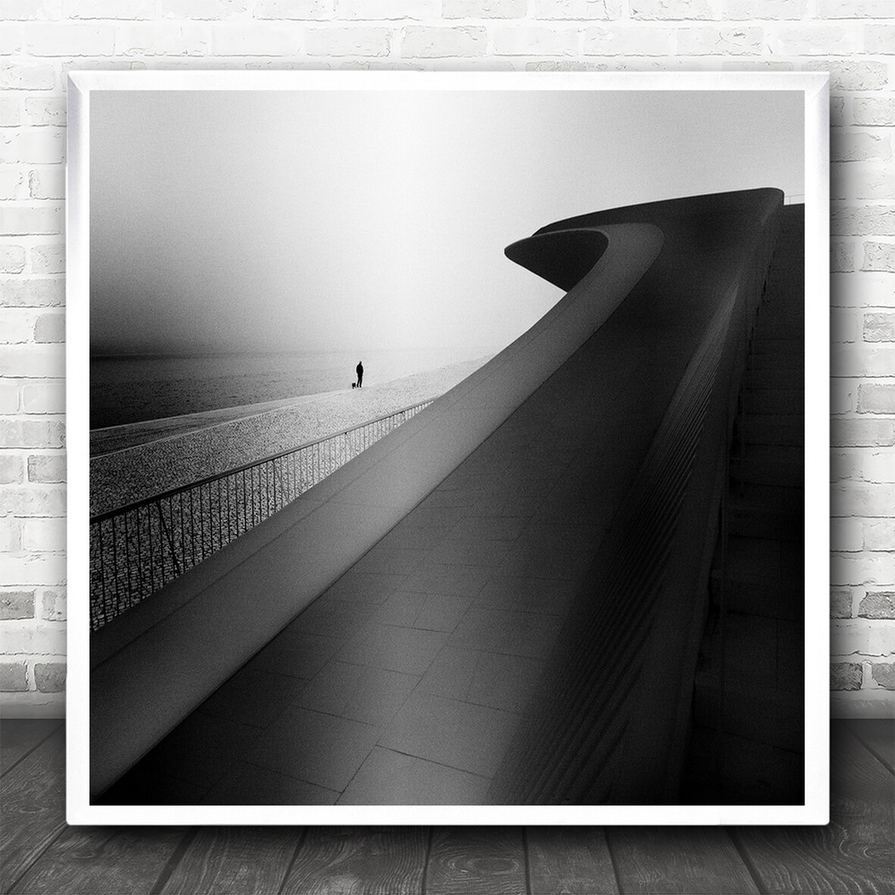 Black And White Walkers Man Dog River Shadow Stairs Square Wall Art Print