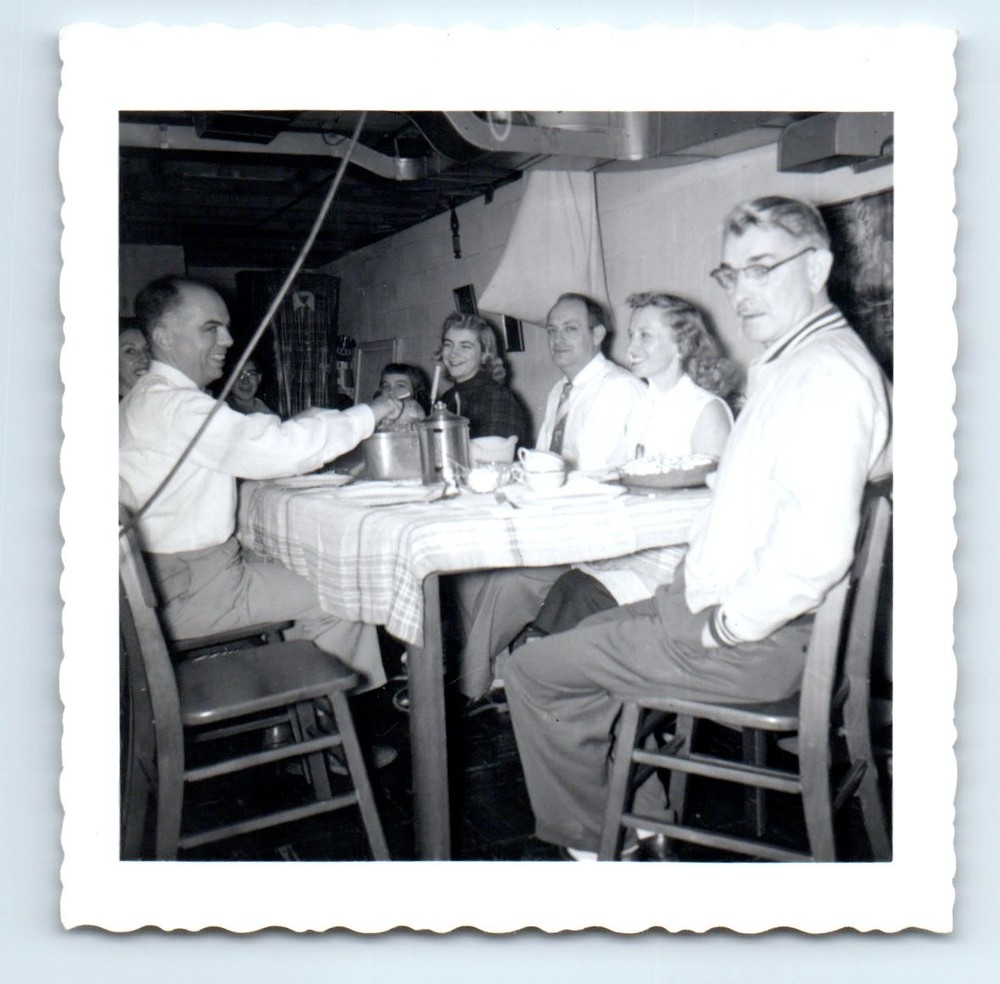 Old Vintage Square Photo MEN WOMEN AT DINING TABLE DINNER PARTY SNAPSHOT