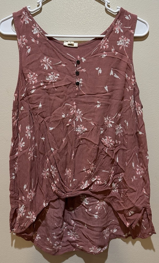 a.n.a a new approach Dusty Rose Floral Sleeveless Henley Knot Front Tank Top L