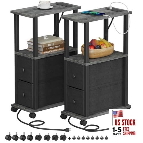 Small Narrow End Tables, Side Tables with 2 Fabric Charcoal Grey with Outlets