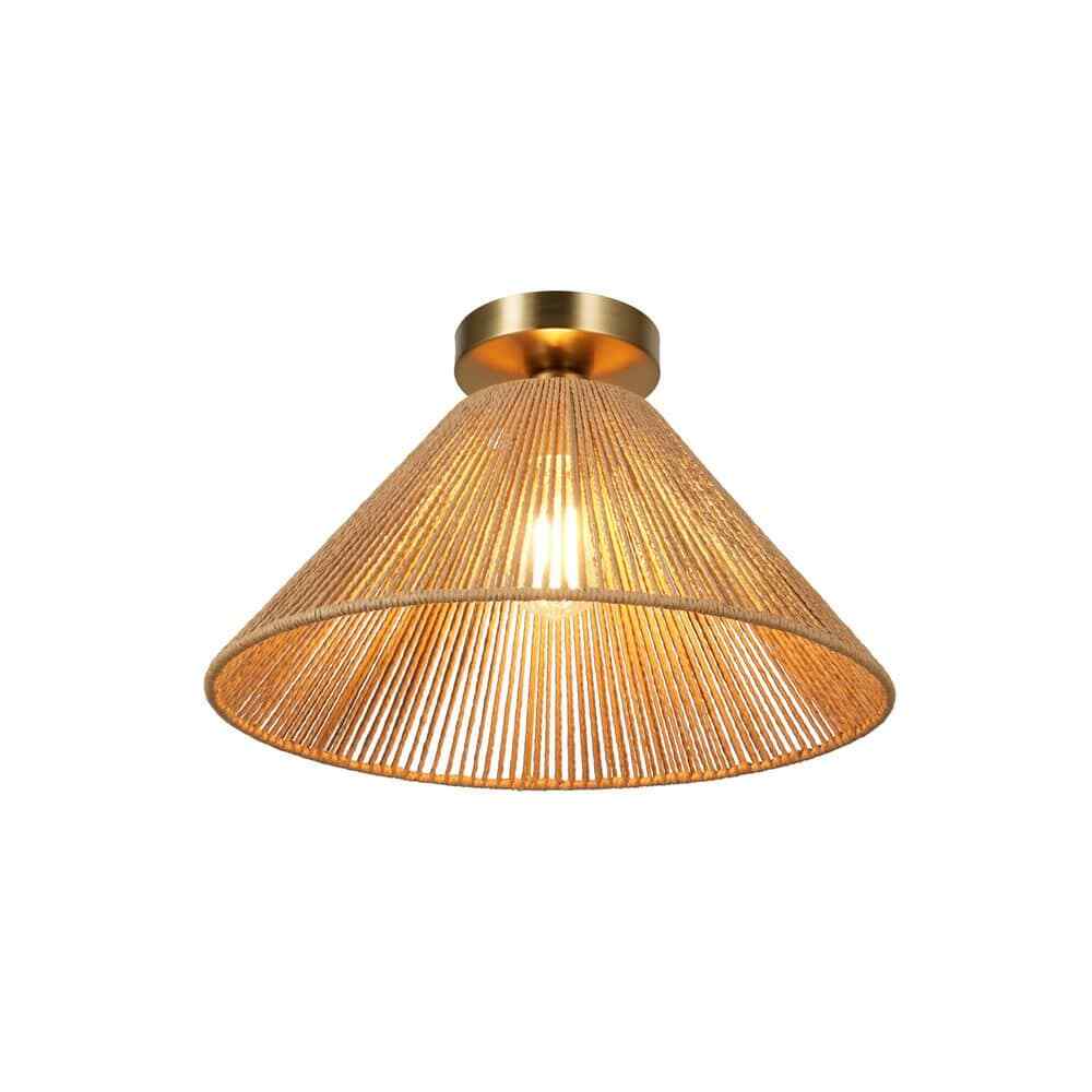 16-inch Gold BOHO Semi-Flush Ceiling Light with Twine Shade No Bulbs