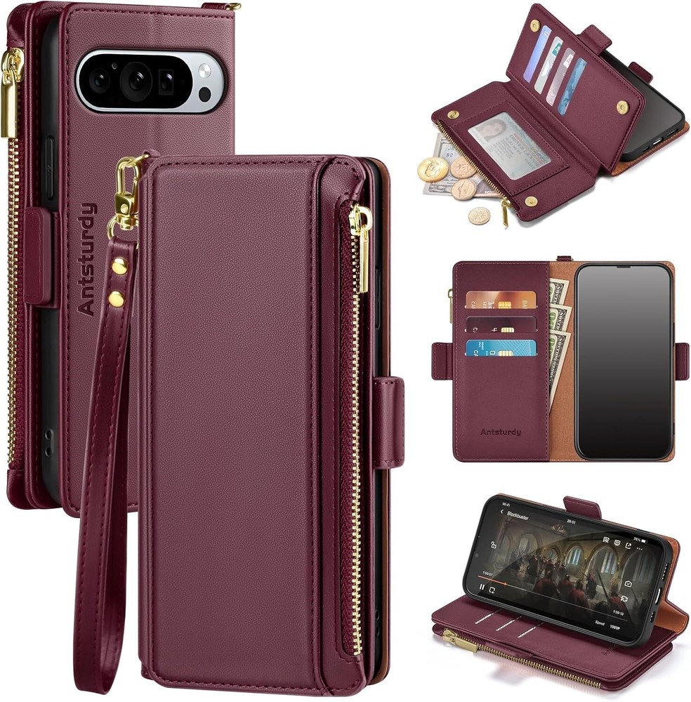 For Google Pixel 9 Pro XL PU Leather Flip Case with Zipper Credit Card Slots