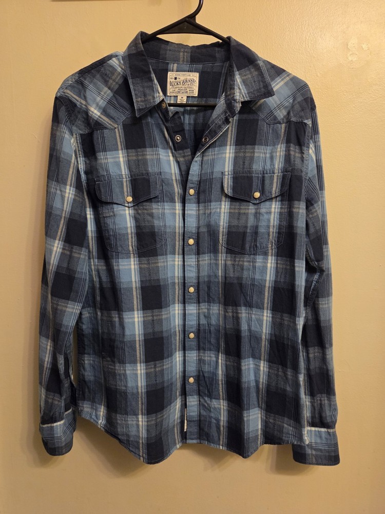 LuckyBrand M Blue Plaid Pearl Snap Indie Grunge Western Long Sleeve Cotton Shirt