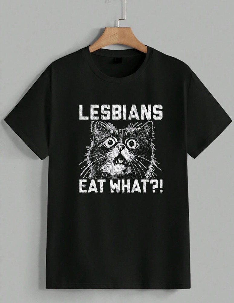 Funny Lesbians Eat What Shocked Cat Graphic Meme LGBTQ Pride T-Shirt Unisex