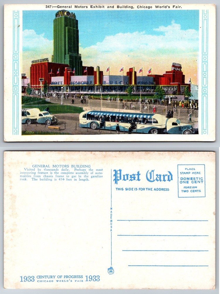 General Motors Building Chicago Worlds Fair Illinois IL 1933 Buses Postcard