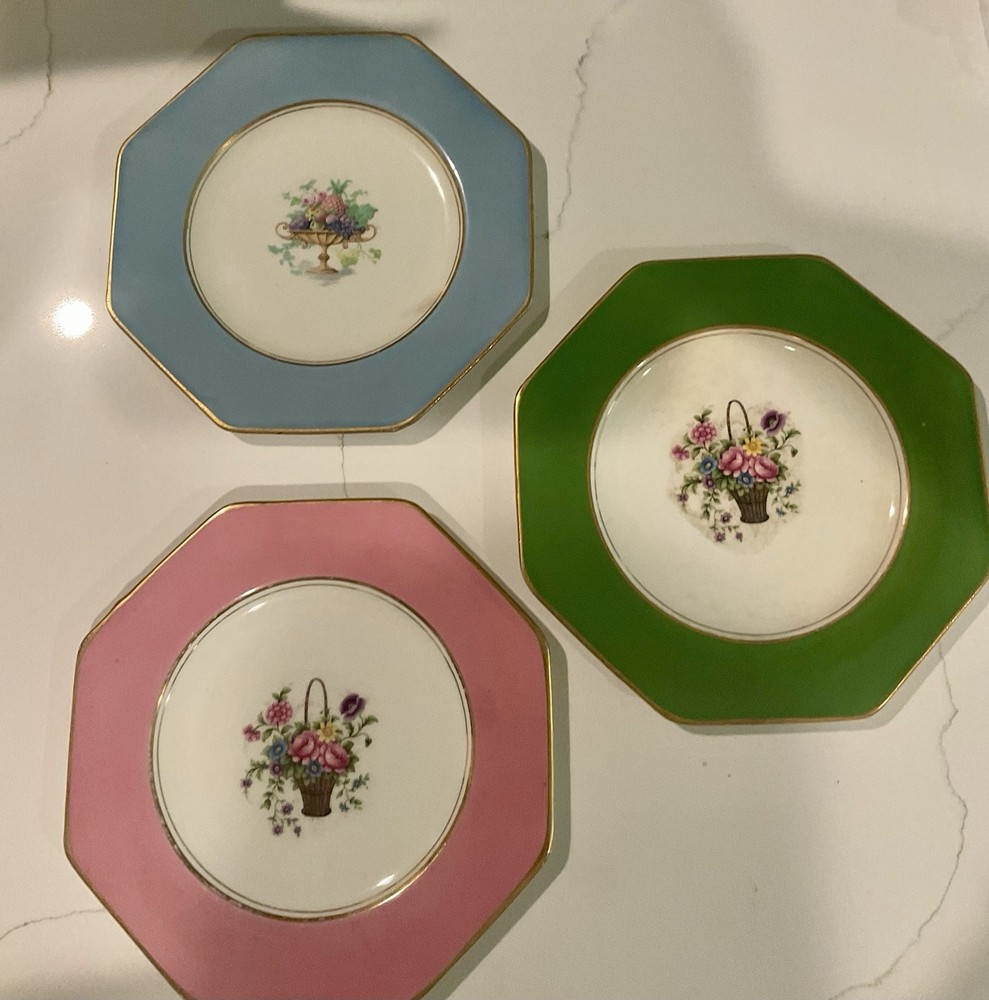 Wedgwood Set of 3 Octagon Floral Basket Porcelain Plates, Gold Trim