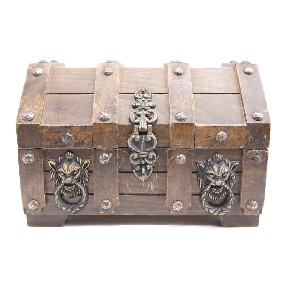 Vintage Wood Pirate Chest Jewelry Box Dark Red Lining