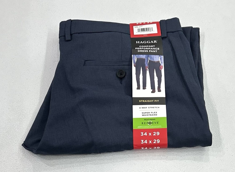 Haggar Men's Comfort Performance Stretch Straight Fit Pants, Blue, Size 34x29