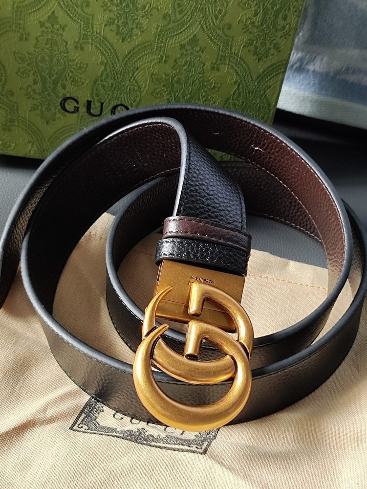 Reversible Black Brown Leather Marmont Gucci Belt with Gold GG Buckle Size 110cm 38/40