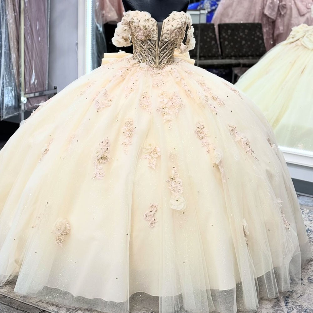 Yellow Quinceanera Dress Sweet 15 16 Off The Shoulder 3D Floral Beaded Ball Gown